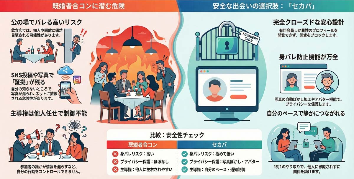 婚者合コンとセカパの安全性比較表